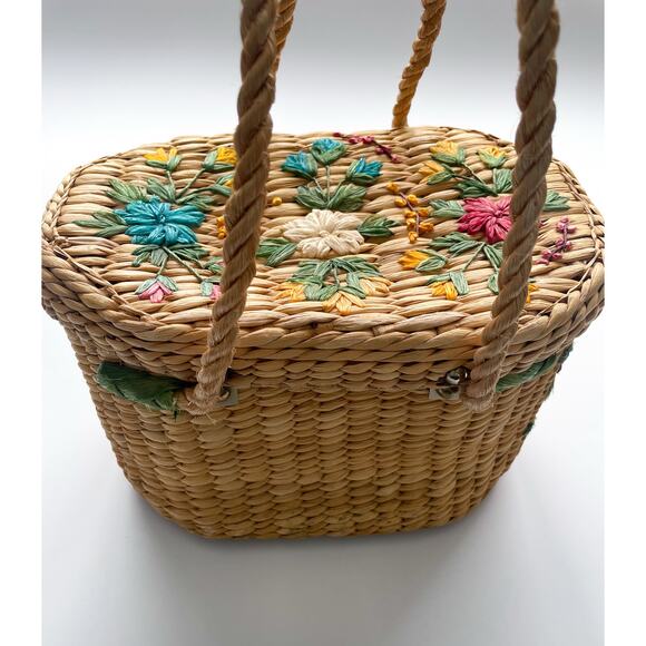Vintage Straw Basket Top Handle Bag with Colorful Florals - Picture 6 of 16